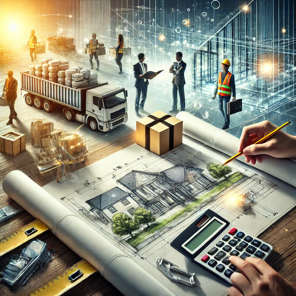 An architect reviewing planning drawings with a homeowner, with documents spread across a table and a calculator nearby, symbolizing early-stage cost estimation.